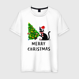 Мужская футболка хлопок с принтом Кот валит новогоднюю ёлку в Новосибирске, 100% хлопок | прямой крой, круглый вырез горловины, длина до линии бедер, слегка спущенное плечо. | 