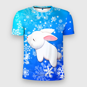 Мужская футболка 3D Slim с принтом Милый кролик в снежинках , 100% полиэстер с улучшенными характеристиками | приталенный силуэт, круглая горловина, широкие плечи, сужается к линии бедра | Тематика изображения на принте: 