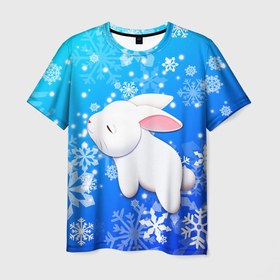 Мужская футболка 3D с принтом Милый кролик в снежинках , 100% полиэфир | прямой крой, круглый вырез горловины, длина до линии бедер | Тематика изображения на принте: 