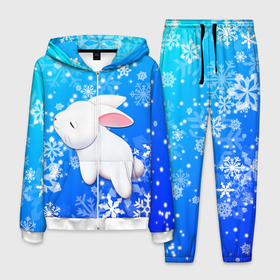 Мужской костюм 3D с принтом Милый кролик в снежинках , 100% полиэстер | Манжеты и пояс оформлены тканевой резинкой, двухслойный капюшон со шнурком для регулировки, карманы спереди | 