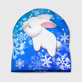 Шапка 3D с принтом Милый кролик в снежинках в Курске, 100% полиэстер | универсальный размер, печать по всей поверхности изделия | 