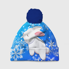 Шапка 3D c помпоном с принтом Милый кролик в снежинках , 100% полиэстер | универсальный размер, печать по всей поверхности изделия | Тематика изображения на принте: 