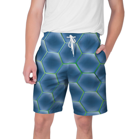 Мужские шорты 3D с принтом Синии шестигранники в Курске,  полиэстер 100% | прямой крой, два кармана без застежек по бокам. Мягкая трикотажная резинка на поясе, внутри которой широкие завязки. Длина чуть выше колен | 