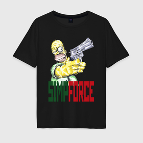 Мужская футболка хлопок Oversize с принтом Гомер Симпсон с револьвером в Курске, 100% хлопок | свободный крой, круглый ворот, “спинка” длиннее передней части | Тематика изображения на принте: 