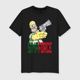 Мужская футболка хлопок Slim с принтом Гомер Симпсон с револьвером в Курске, 92% хлопок, 8% лайкра | приталенный силуэт, круглый вырез ворота, длина до линии бедра, короткий рукав | 