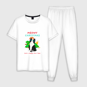 Мужская пижама хлопок с принтом Meowy christmas and a happy purr year holiday в Тюмени, 100% хлопок | брюки и футболка прямого кроя, без карманов, на брюках мягкая резинка на поясе и по низу штанин
 | 
