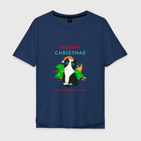 Мужская футболка хлопок Oversize с принтом Meowy christmas and a happy purr year holiday в Кировске, 100% хлопок | свободный крой, круглый ворот, “спинка” длиннее передней части | 