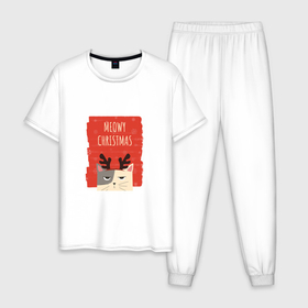 Мужская пижама хлопок с принтом Meowy christmas в Кировске, 100% хлопок | брюки и футболка прямого кроя, без карманов, на брюках мягкая резинка на поясе и по низу штанин
 | 