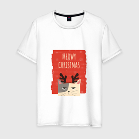 Мужская футболка хлопок с принтом Meowy christmas в Тюмени, 100% хлопок | прямой крой, круглый вырез горловины, длина до линии бедер, слегка спущенное плечо. | Тематика изображения на принте: 