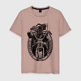 Мужская футболка хлопок с принтом Скелет мотоциклист с флагом в Курске, 100% хлопок | прямой крой, круглый вырез горловины, длина до линии бедер, слегка спущенное плечо. | 