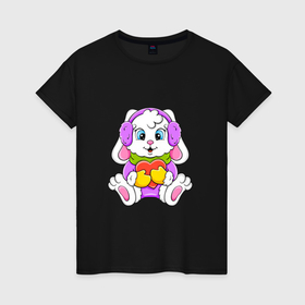 Женская футболка хлопок с принтом Кролик в меховых наушниках в Тюмени, 100% хлопок | прямой крой, круглый вырез горловины, длина до линии бедер, слегка спущенное плечо | 