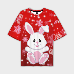 Мужская футболка oversize 3D с принтом Весёлый кролик в снежинках в Екатеринбурге,  |  | 