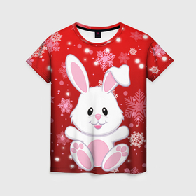 Женская футболка 3D с принтом Весёлый кролик в снежинках в Екатеринбурге, 100% полиэфир ( синтетическое хлопкоподобное полотно) | прямой крой, круглый вырез горловины, длина до линии бедер | 