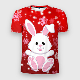 Мужская футболка 3D Slim с принтом Весёлый кролик в снежинках в Екатеринбурге, 100% полиэстер с улучшенными характеристиками | приталенный силуэт, круглая горловина, широкие плечи, сужается к линии бедра | 