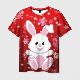 Мужская футболка 3D с принтом Весёлый кролик в снежинках в Петрозаводске, 100% полиэфир | прямой крой, круглый вырез горловины, длина до линии бедер | 