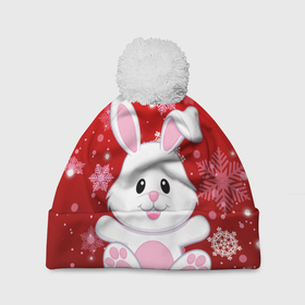 Шапка 3D c помпоном с принтом Весёлый кролик в снежинках в Екатеринбурге, 100% полиэстер | универсальный размер, печать по всей поверхности изделия | 