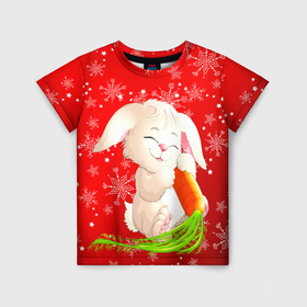 Детская футболка 3D с принтом Весёлый кролик с морковкой в Санкт-Петербурге, 100% гипоаллергенный полиэфир | прямой крой, круглый вырез горловины, длина до линии бедер, чуть спущенное плечо, ткань немного тянется | Тематика изображения на принте: 