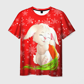 Мужская футболка 3D с принтом Весёлый кролик с морковкой в Петрозаводске, 100% полиэфир | прямой крой, круглый вырез горловины, длина до линии бедер | 