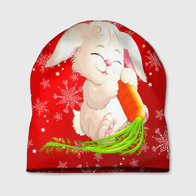 Шапка 3D с принтом Весёлый кролик с морковкой в Екатеринбурге, 100% полиэстер | универсальный размер, печать по всей поверхности изделия | 