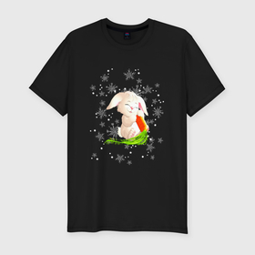 Мужская футболка хлопок Slim с принтом Веселый кролик с морковкой в Новосибирске, 92% хлопок, 8% лайкра | приталенный силуэт, круглый вырез ворота, длина до линии бедра, короткий рукав | Тематика изображения на принте: 