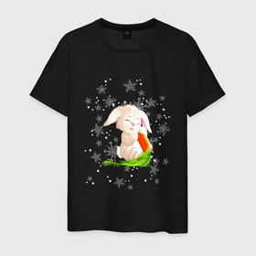 Мужская футболка хлопок с принтом Веселый кролик с морковкой в Тюмени, 100% хлопок | прямой крой, круглый вырез горловины, длина до линии бедер, слегка спущенное плечо. | Тематика изображения на принте: 