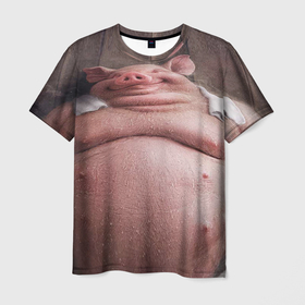Мужская футболка 3D с принтом Свинья сидит в сауне в Белгороде, 100% полиэфир | прямой крой, круглый вырез горловины, длина до линии бедер | 