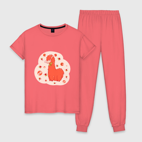 Женская пижама хлопок с принтом Арбузная лама в Курске, 100% хлопок | брюки и футболка прямого кроя, без карманов, на брюках мягкая резинка на поясе и по низу штанин | 