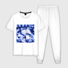 Мужская пижама хлопок с принтом Аниме глаза на синем фоне с иероглифами в Кировске, 100% хлопок | брюки и футболка прямого кроя, без карманов, на брюках мягкая резинка на поясе и по низу штанин
 | 