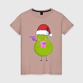 Женская футболка хлопок с принтом Новогоднее авокадо в Белгороде, 100% хлопок | прямой крой, круглый вырез горловины, длина до линии бедер, слегка спущенное плечо | 