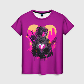 Женская футболка 3D с принтом Девушка на фоне сердца, неоновый стиль в Екатеринбурге, 100% полиэфир ( синтетическое хлопкоподобное полотно) | прямой крой, круглый вырез горловины, длина до линии бедер | 