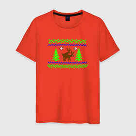 Мужская футболка хлопок с принтом Новогодние олени с узорами в Тюмени, 100% хлопок | прямой крой, круглый вырез горловины, длина до линии бедер, слегка спущенное плечо. | Тематика изображения на принте: 