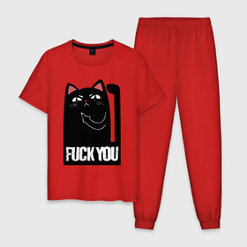 Мужская пижама хлопок с принтом Black cat   fuck you в Кировске, 100% хлопок | брюки и футболка прямого кроя, без карманов, на брюках мягкая резинка на поясе и по низу штанин
 | 
