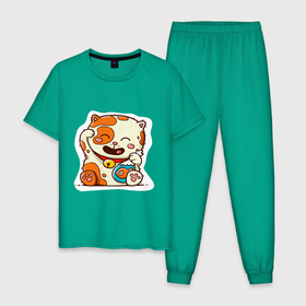 Мужская пижама хлопок с принтом Kitten and fish в Тюмени, 100% хлопок | брюки и футболка прямого кроя, без карманов, на брюках мягкая резинка на поясе и по низу штанин
 | 