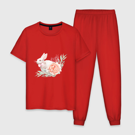 Мужская пижама хлопок с принтом Акварельный кролик в цветах в Петрозаводске, 100% хлопок | брюки и футболка прямого кроя, без карманов, на брюках мягкая резинка на поясе и по низу штанин
 | 
