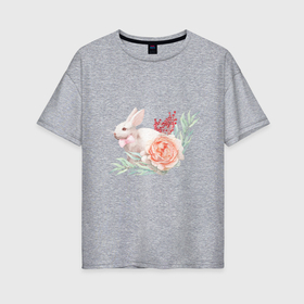 Женская футболка хлопок Oversize с принтом Акварельный кролик в цветах , 100% хлопок | свободный крой, круглый ворот, спущенный рукав, длина до линии бедер
 | 