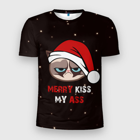 Мужская футболка 3D Slim с принтом Новогодний кот мем   грубиян в Екатеринбурге, 100% полиэстер с улучшенными характеристиками | приталенный силуэт, круглая горловина, широкие плечи, сужается к линии бедра | 