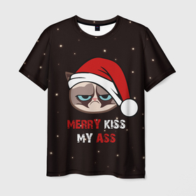 Мужская футболка 3D с принтом Новогодний кот мем   грубиян в Кировске, 100% полиэфир | прямой крой, круглый вырез горловины, длина до линии бедер | 