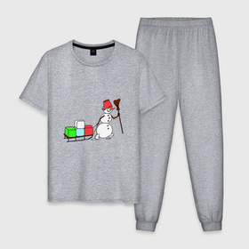 Мужская пижама хлопок с принтом Снеговик с подарками в Тюмени, 100% хлопок | брюки и футболка прямого кроя, без карманов, на брюках мягкая резинка на поясе и по низу штанин
 | 
