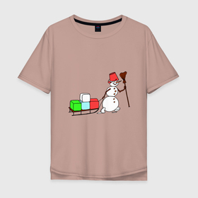 Мужская футболка хлопок Oversize с принтом Снеговик с подарками в Тюмени, 100% хлопок | свободный крой, круглый ворот, “спинка” длиннее передней части | Тематика изображения на принте: 