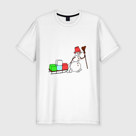 Мужская футболка хлопок Slim с принтом Снеговик с подарками в Тюмени, 92% хлопок, 8% лайкра | приталенный силуэт, круглый вырез ворота, длина до линии бедра, короткий рукав | 