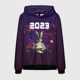 Мужская толстовка 3D с принтом Кролик на фоне сакуры  2023 в городе Новоалтайск, 100% полиэстер | двухслойный капюшон со шнурком для регулировки, мягкие манжеты на рукавах и по низу толстовки, спереди карман-кенгуру с мягким внутренним слоем. | 