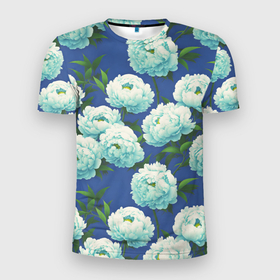 Мужская футболка 3D Slim с принтом Узор из белых пионов в городе Новоалтайск, 100% полиэстер с улучшенными характеристиками | приталенный силуэт, круглая горловина, широкие плечи, сужается к линии бедра | 