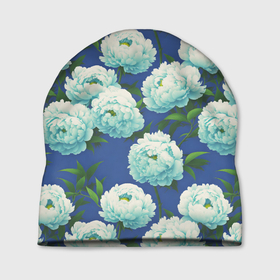 Шапка 3D с принтом Узор из белых пионов в городе Новоалтайск, 100% полиэстер | универсальный размер, печать по всей поверхности изделия | 