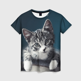 Женская футболка 3D с принтом Милый любопытный котёнок , 100% полиэфир ( синтетическое хлопкоподобное полотно) | прямой крой, круглый вырез горловины, длина до линии бедер | 
