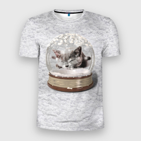Мужская футболка 3D Slim с принтом Котёнок в шаре на фоне снега , 100% полиэстер с улучшенными характеристиками | приталенный силуэт, круглая горловина, широкие плечи, сужается к линии бедра | 