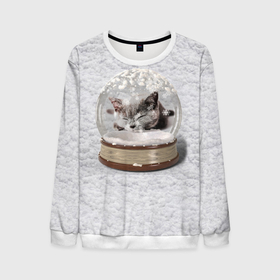 Мужской свитшот 3D с принтом Котёнок в шаре на фоне снега в Тюмени, 100% полиэстер с мягким внутренним слоем | круглый вырез горловины, мягкая резинка на манжетах и поясе, свободная посадка по фигуре | 