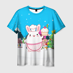 Мужская футболка 3D с принтом Круглый кролик с кексом в Петрозаводске, 100% полиэфир | прямой крой, круглый вырез горловины, длина до линии бедер | 