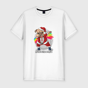 Мужская футболка хлопок Slim с принтом Dog christmas в Петрозаводске, 92% хлопок, 8% лайкра | приталенный силуэт, круглый вырез ворота, длина до линии бедра, короткий рукав | 