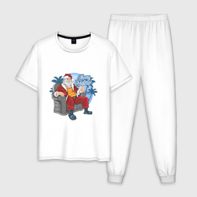 Мужская пижама хлопок с принтом Санта на чиле в Петрозаводске, 100% хлопок | брюки и футболка прямого кроя, без карманов, на брюках мягкая резинка на поясе и по низу штанин
 | Тематика изображения на принте: 