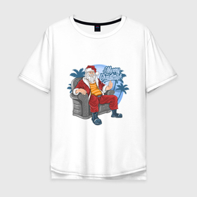 Мужская футболка хлопок Oversize с принтом Санта на чиле в Екатеринбурге, 100% хлопок | свободный крой, круглый ворот, “спинка” длиннее передней части | 